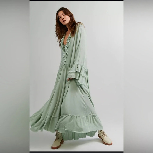 Free People Sweet Darlin Maxi, Minted Jade, Very Oversized, Distressed / Fringed - Picture 3 of 8